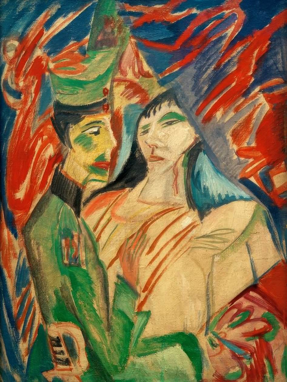 Sotilas ja tyttö värikkäiden verhojen välissä tekijältä Ernst Ludwig Kirchner