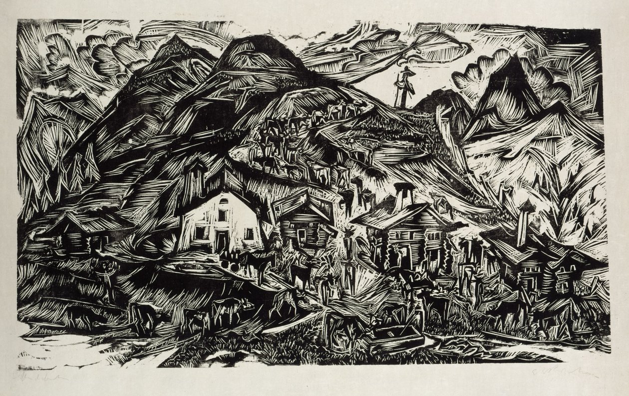 Stafelalp, yleisnäkymä - karjan nousu alppilaitumelle tekijältä Ernst Ludwig Kirchner