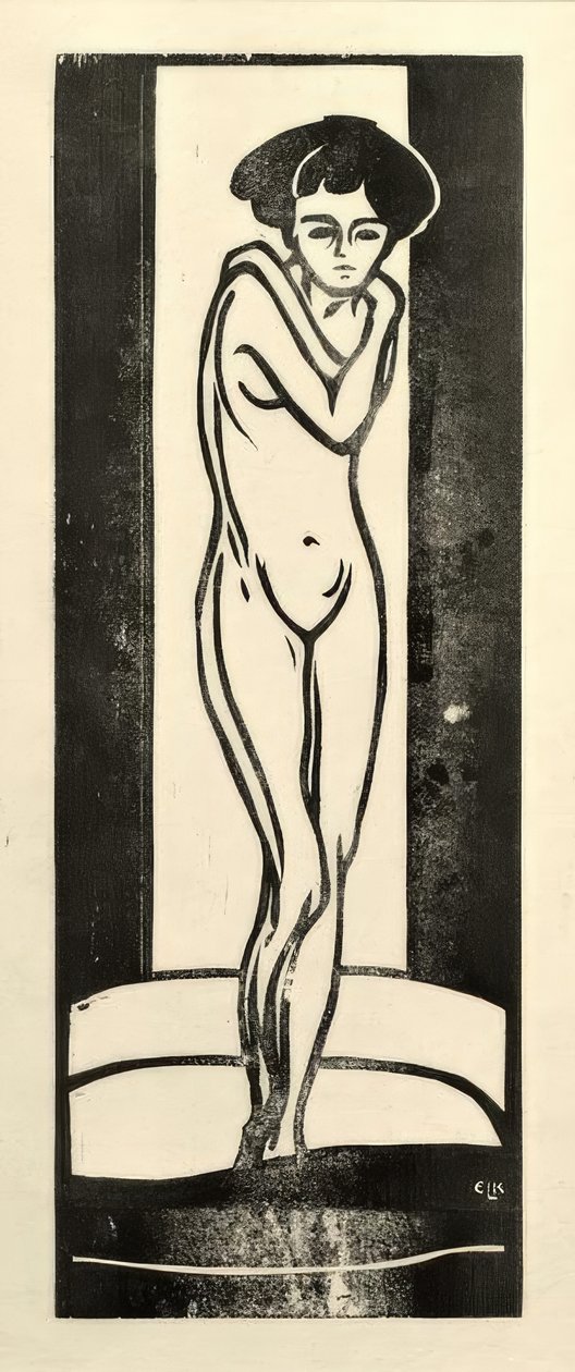 Seisova alaston tyttö kädet ristissä tekijältä Ernst Ludwig Kirchner