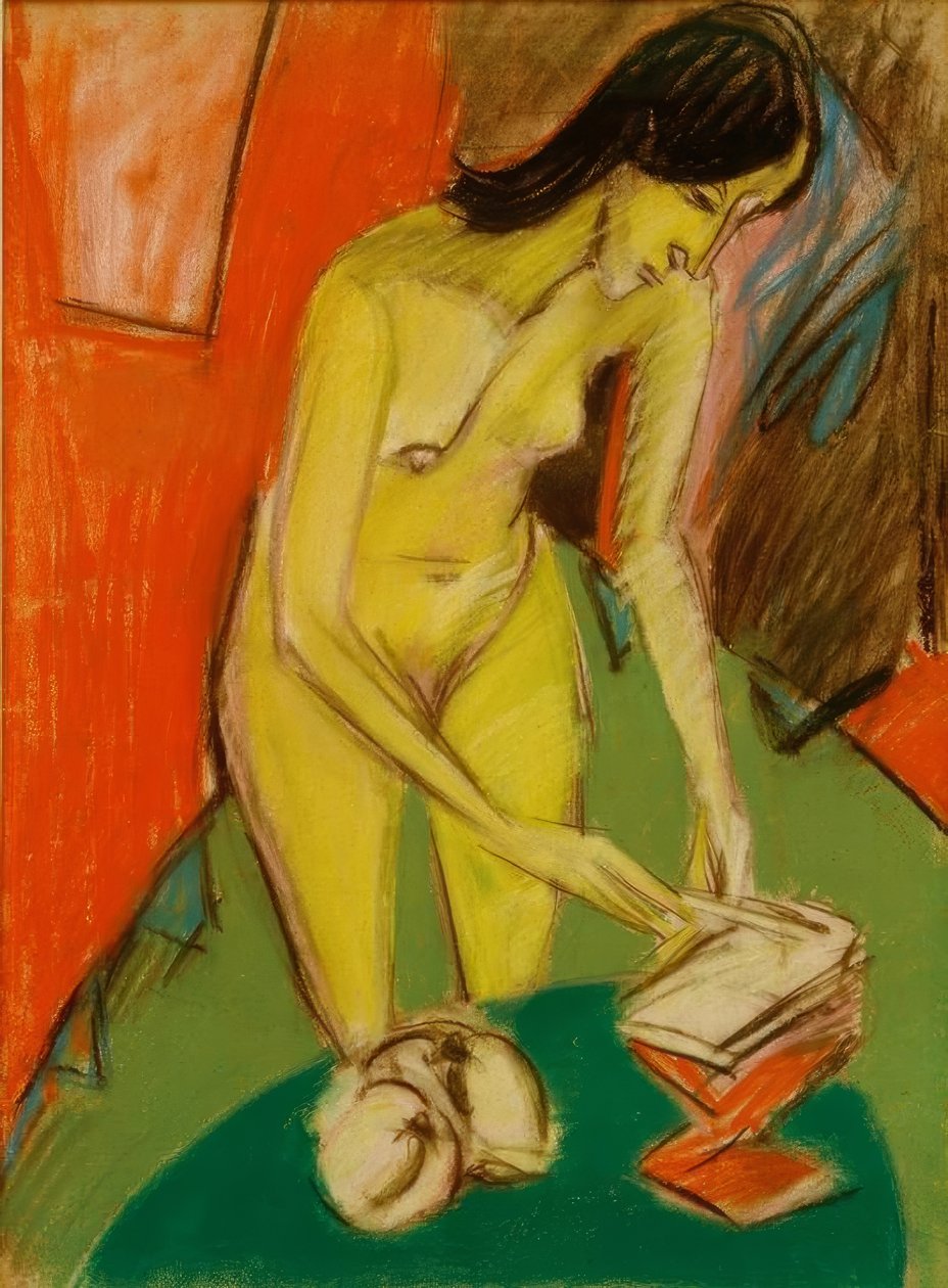 Stehender weiblicher Akt am Tisch tekijältä Ernst Ludwig Kirchner