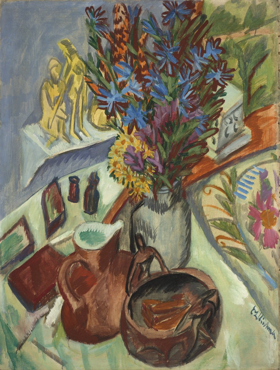 Asetelma, jossa on kannu ja afrikkalainen kulho tekijältä Ernst Ludwig Kirchner