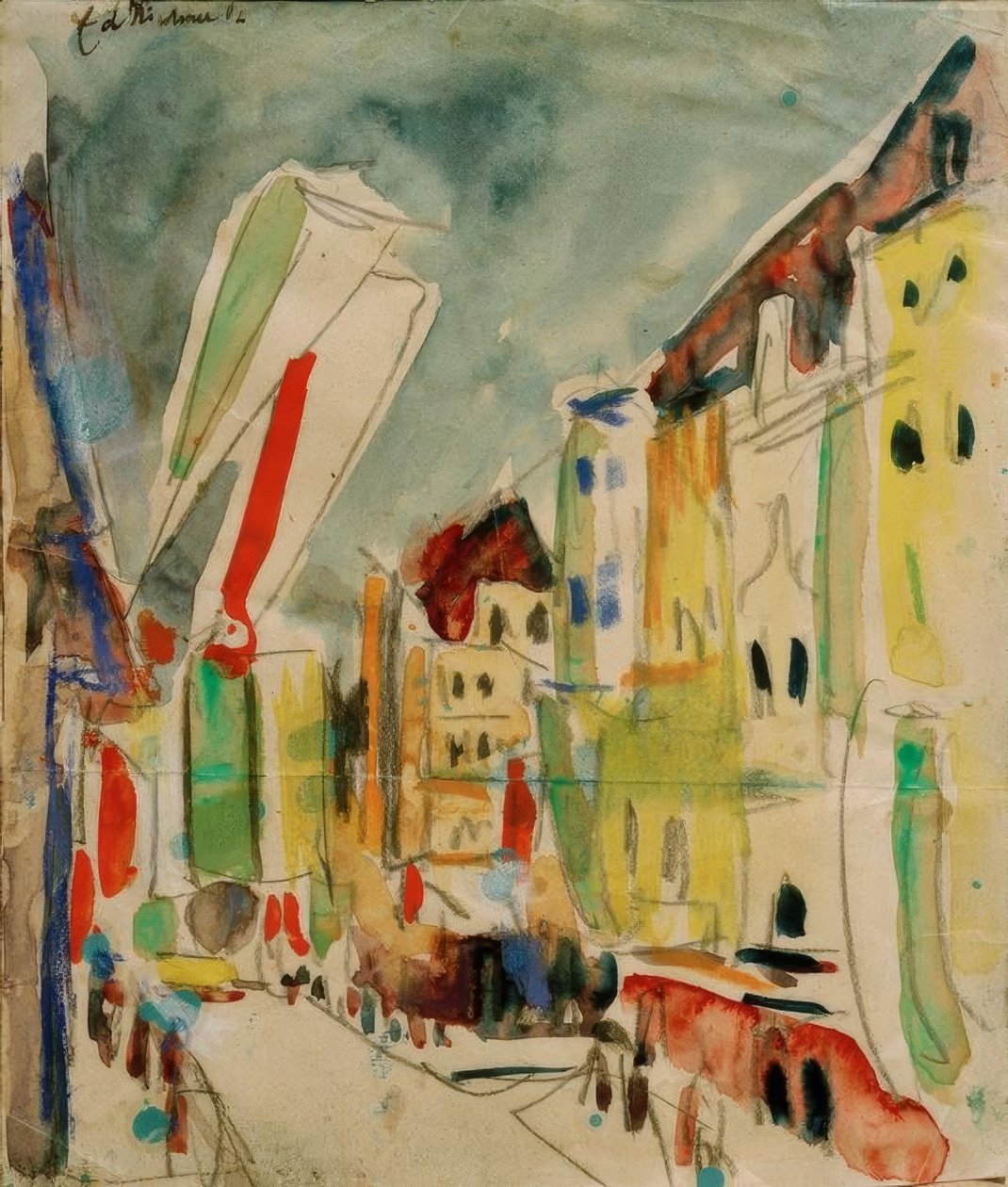 Katukuva lippujen kanssa tekijältä Ernst Ludwig Kirchner