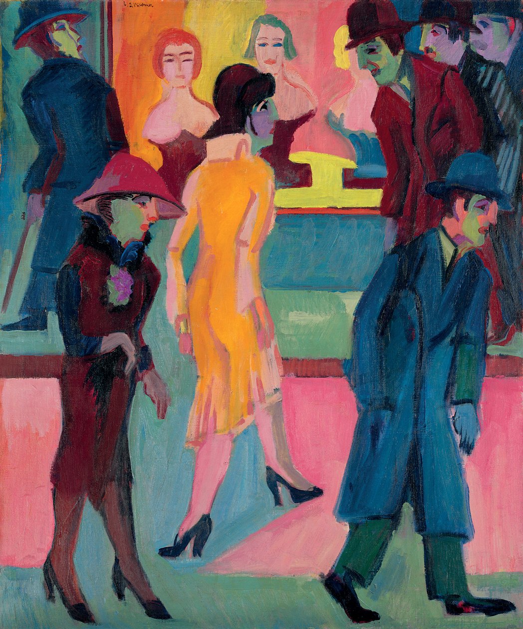 Katukuva parturiliikkeestä; Katukuva parturiliikkeen edessä, 1926 tekijältä Ernst Ludwig Kirchner