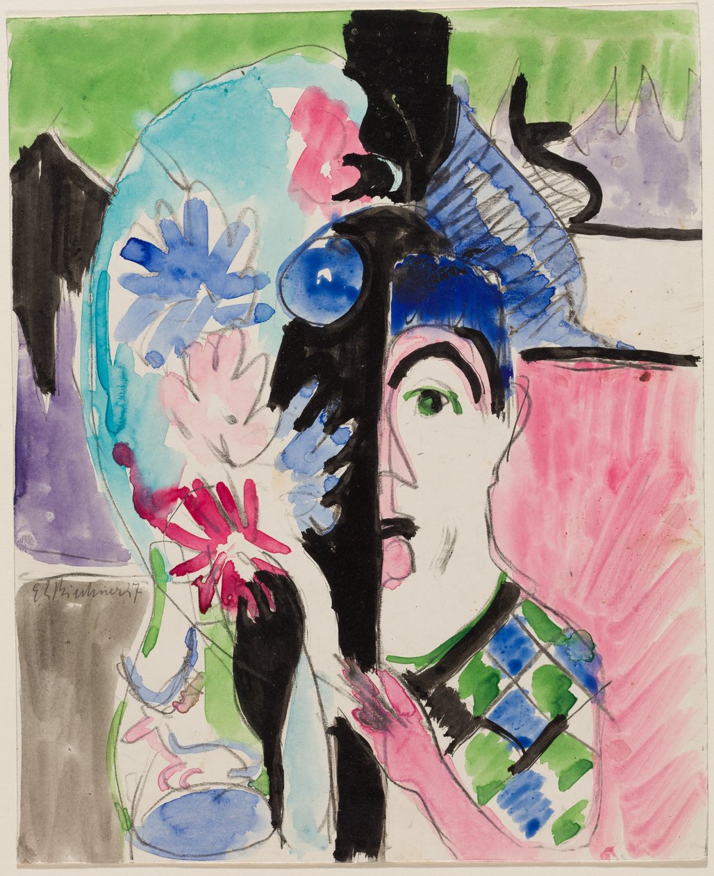 Tutkielma teokseen "Müllerkopf mit Blumen" tekijältä Ernst Ludwig Kirchner