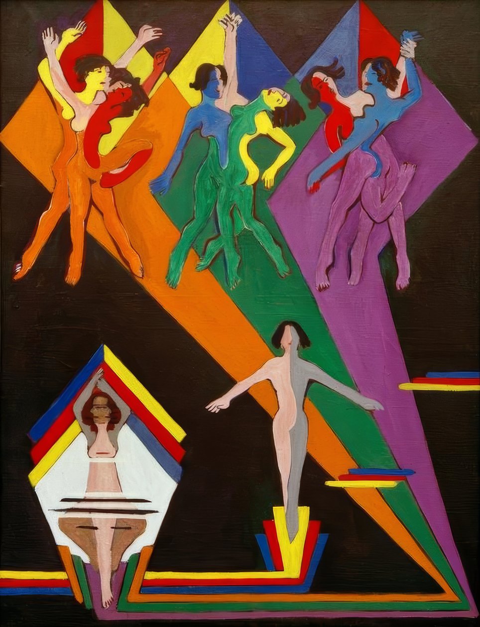 Tanssitytöt värillisissä säteissä tekijältä Ernst Ludwig Kirchner