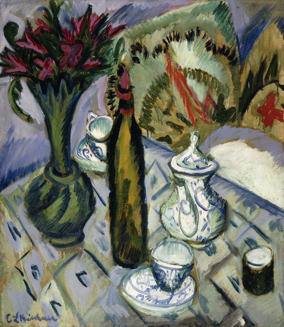 Teekannu, Pullo ja Punaiset kukat; Teekannu, pullo ja punaisia ​​kukkia, 1912 tekijältä Ernst Ludwig Kirchner