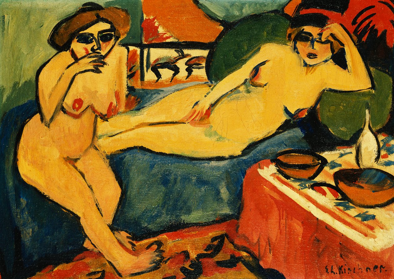 Kaksi alastomia sinisellä sohvalla; Kaksi alastona sinisellä sohvalla, n. 1910-1920 tekijältä Ernst Ludwig Kirchner