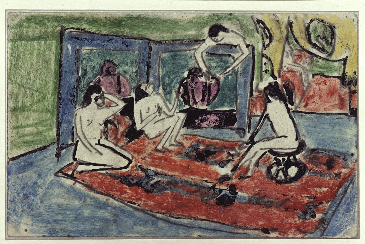 Neljä alastonmallia ateljeessa (postikortti Maschka Müllerille) tekijältä Ernst Ludwig Kirchner