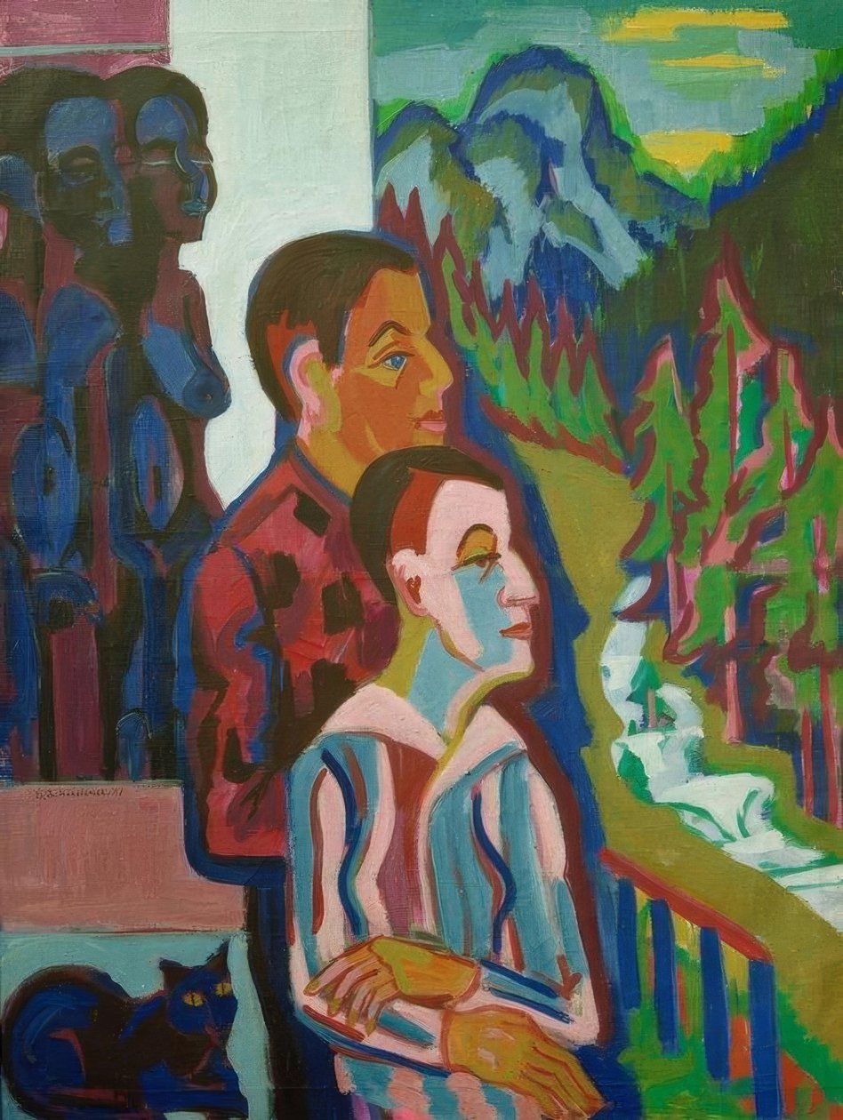 Ennen auringonnousua - Itse ja Erna Wildbodenhausin edessä tekijältä Ernst Ludwig Kirchner