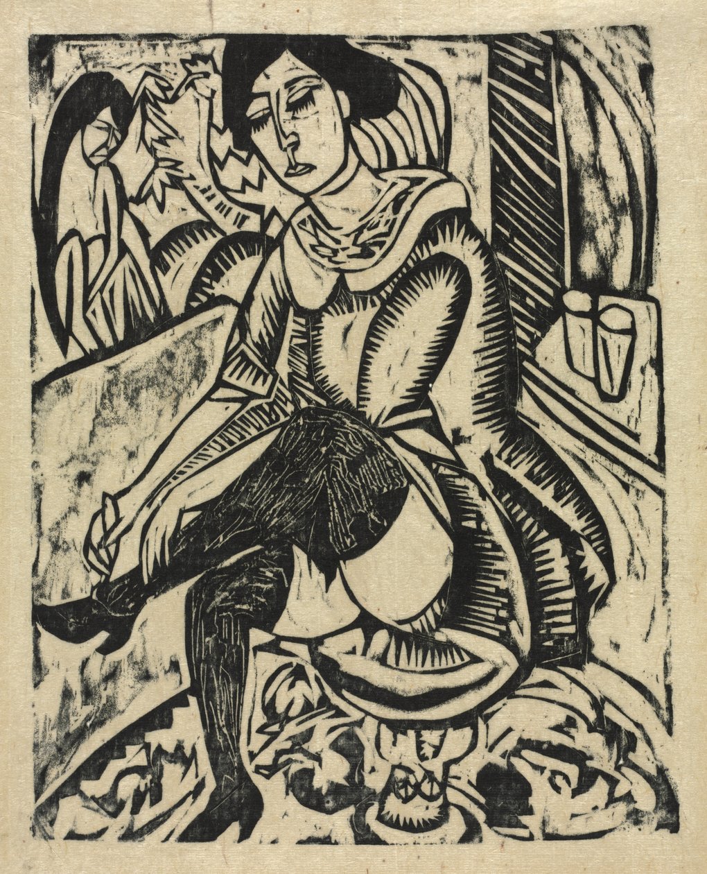 Nainen laittaa kenkiä jalkaan tekijältä Ernst Ludwig Kirchner