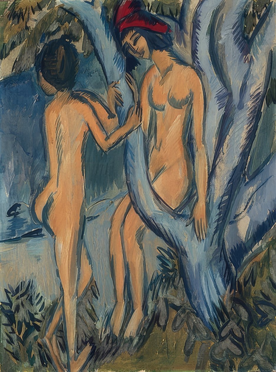 Kaksi alastomia puussa, Fehmarn. 1912-13 tekijältä Ernst Ludwig Kirchner