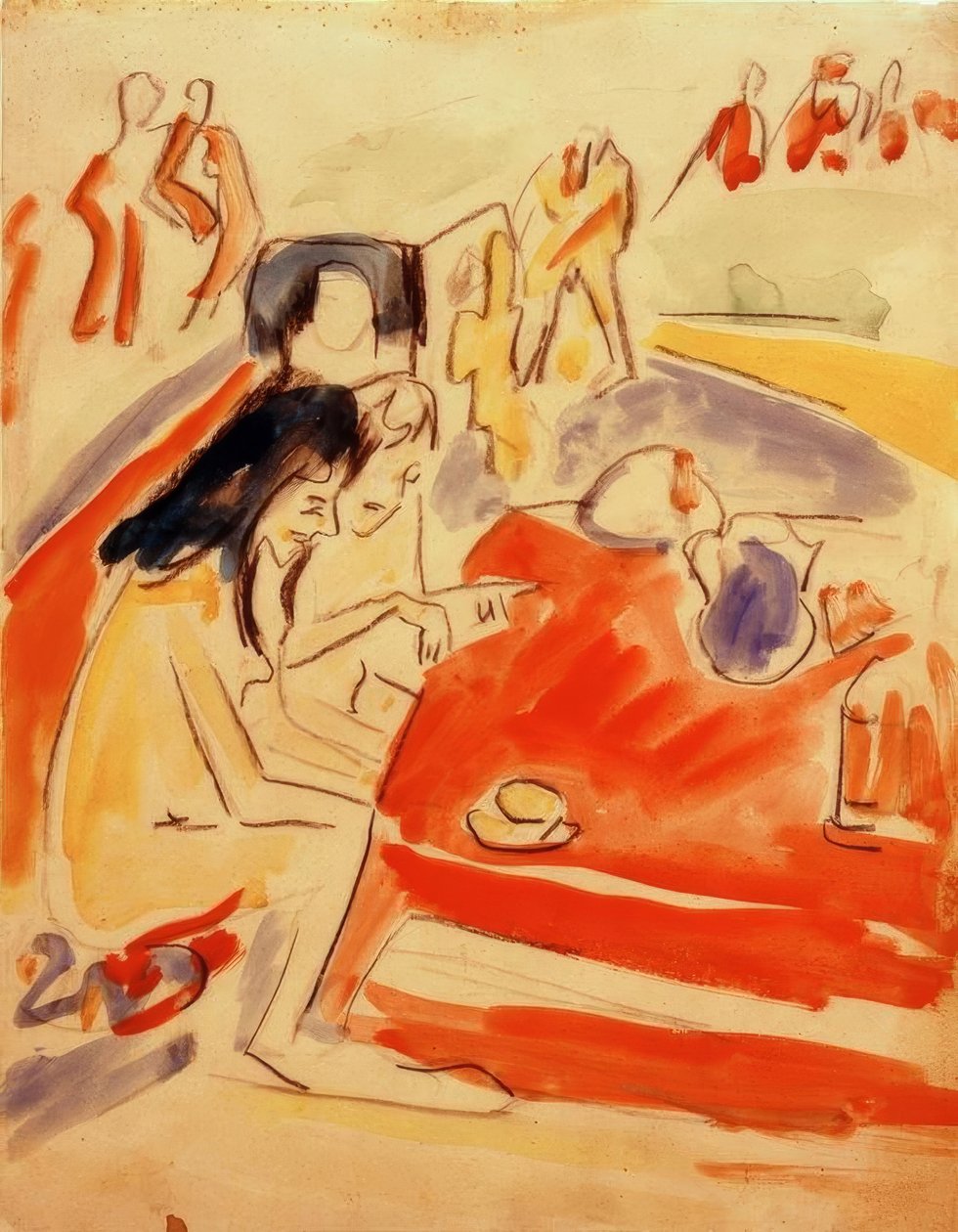 Kaksi tyttöä istuu pöydässä tekijältä Ernst Ludwig Kirchner