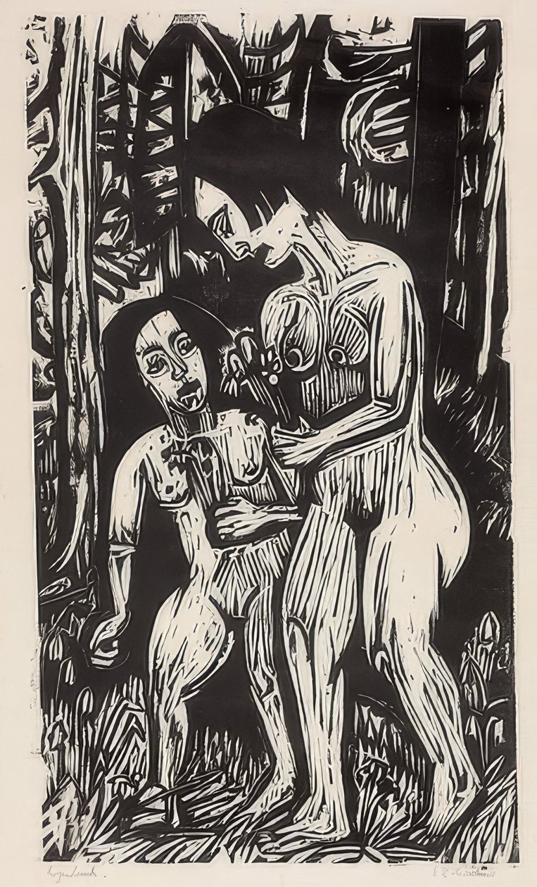 Kaksi alaston tyttöä kukkien kanssa metsässä. 1923 tekijältä Ernst Ludwig Kirchner