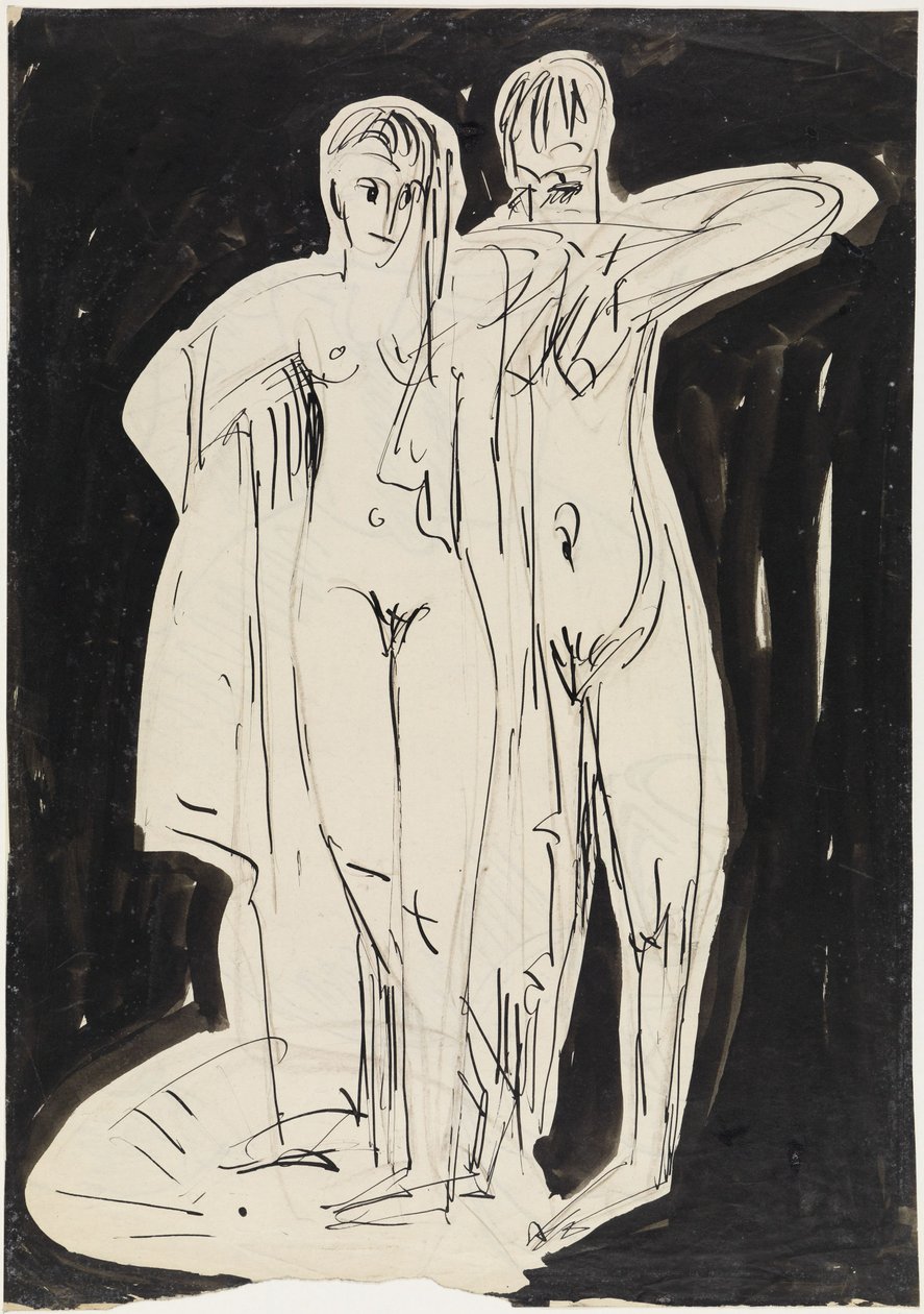 Kaksi seisovaa alastonhahmoa kuivaamassa itseään tekijältä Ernst Ludwig Kirchner