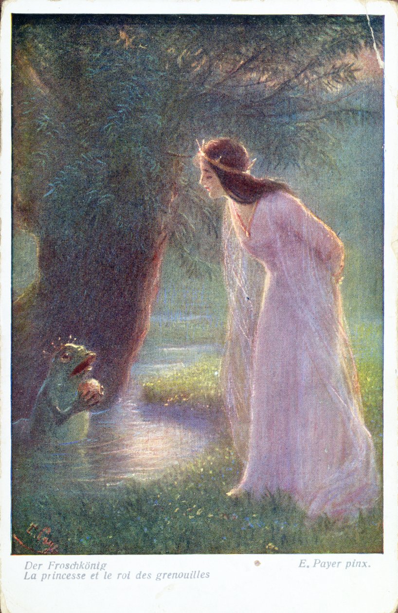 Sammakkoprinssi antaa prinsessalle kultaisen pallon, jonka hän löysi lammikosta. (1900-luvun alku) tekijältä Ernst Payer