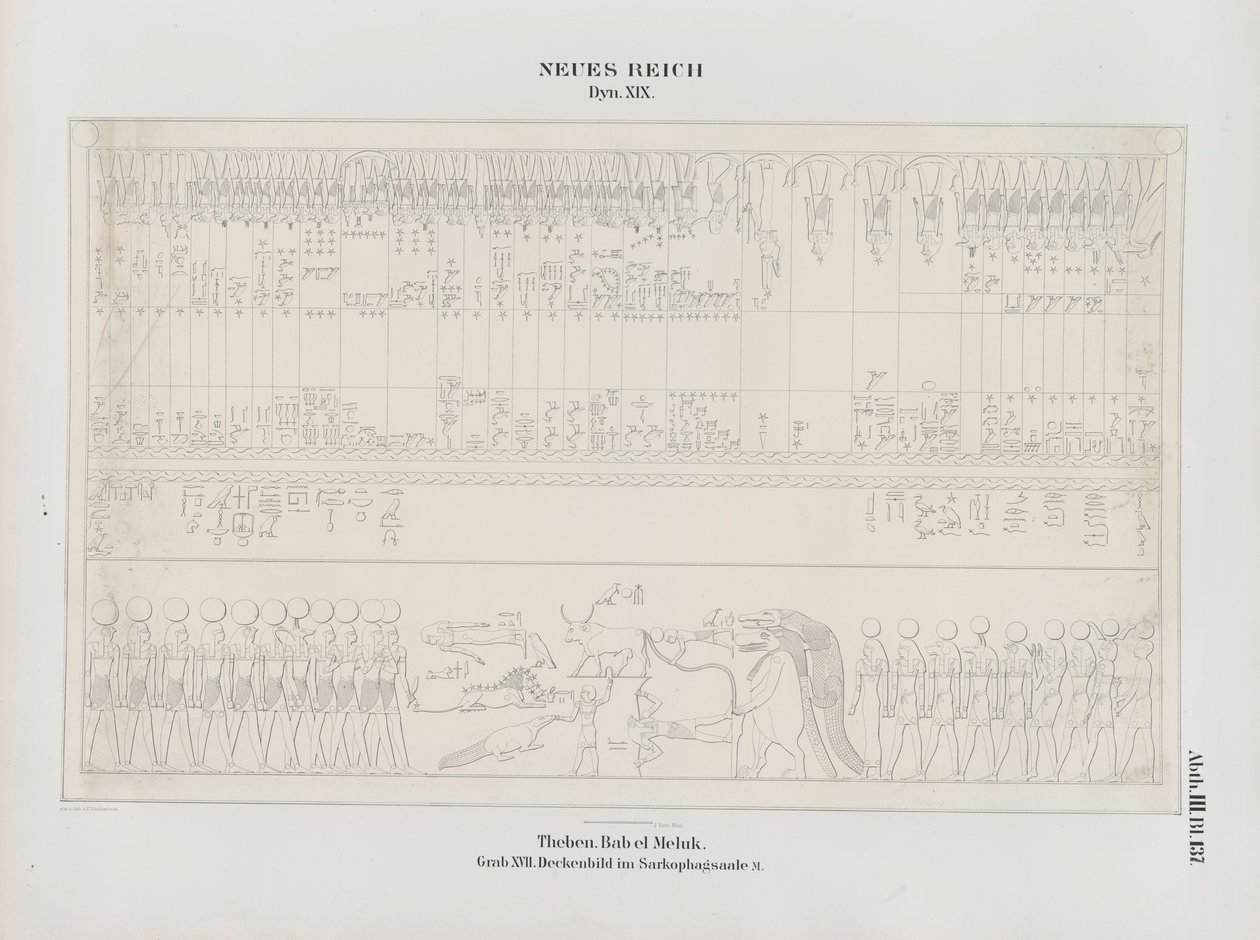 Piirros kattomaalauksesta Sarcophagus Hallissa, 19. dynastia, Thebes, Biban-el-Muluk, Uusi kuningaskunta, kuvitus artikkelista "Monuments to Egypt and Etiopia...", kirjoittanut Richard Lepsius tekijältä Ernst Weidenbach