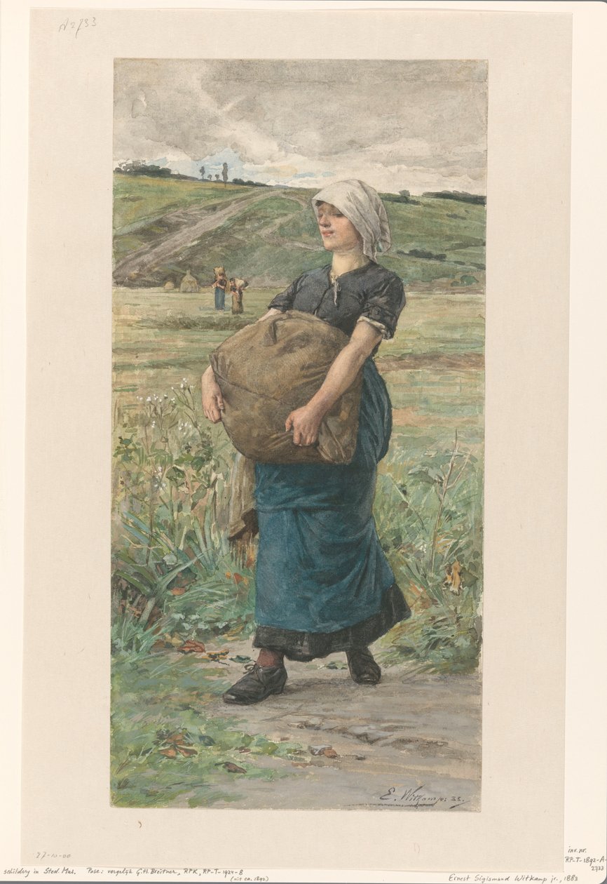 Kävelevä nainen raskaan laukun kanssa tekijältä Ernst Witkamp (signed by artist)