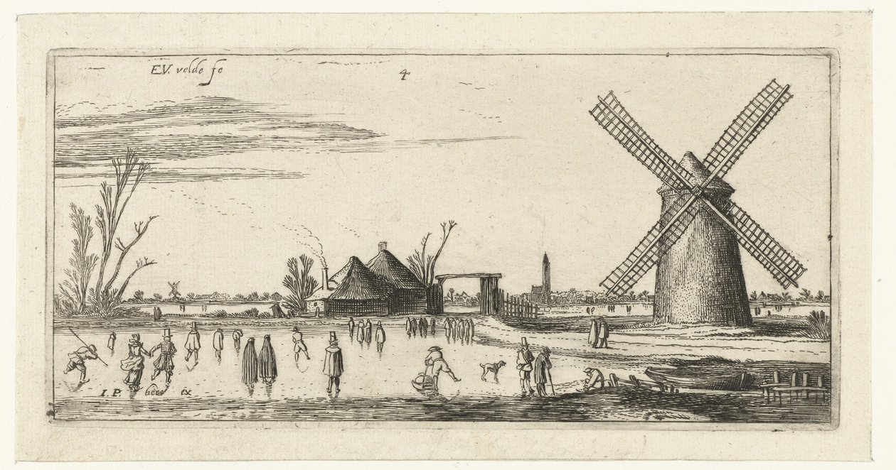 Schaatsers op het ijs bij een molen in de buurt van Penningsveer tekijältä Esaias van de Velde