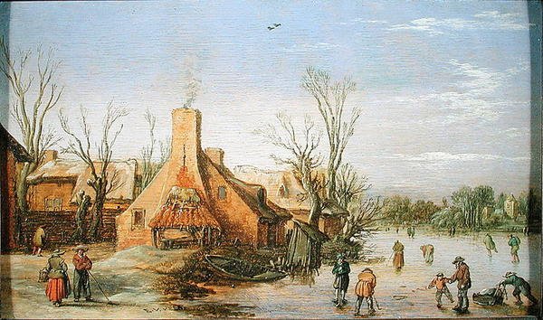 Kylä talvella, 1623 (öljy paneelissa) tekijältä Esaias I van de Velde