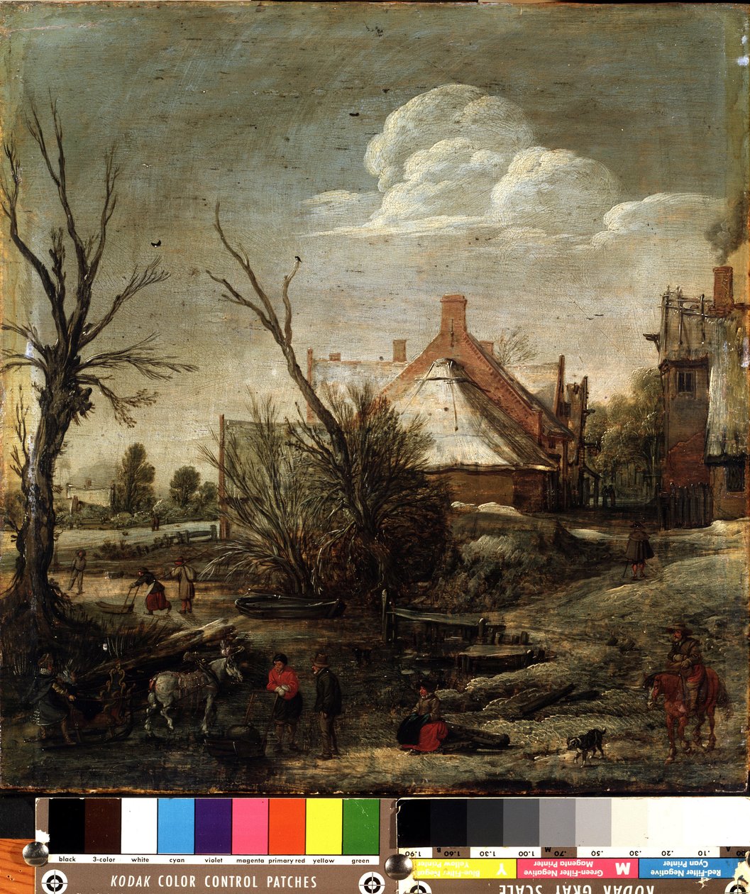 Talvi (Talvi). Esalas van de Velden (1591-1630) maalaus. Öljy puulle, 37,5 x 35,5 cm tekijältä Esaias I van de Velde