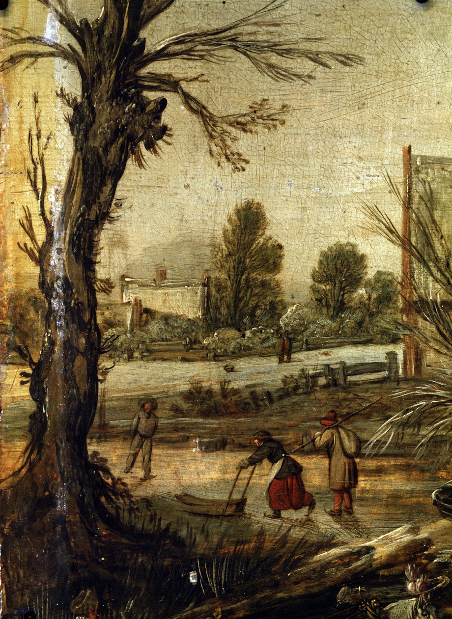 Talvi, yksityiskohta (Talvi). Esalas van de Velden (1591-1630) maalaus. Öljy puulle, 37,5 x 35,5 cm tekijältä Esaias I van de Velde