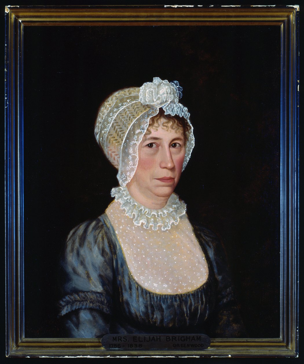 Puolipituinen muotokuva Sarah Ward Brighamista, jolla on matala leikkausmekko, jossa on pitsiä ja pitsikone. tekijältä Ethan Allen Greenwood