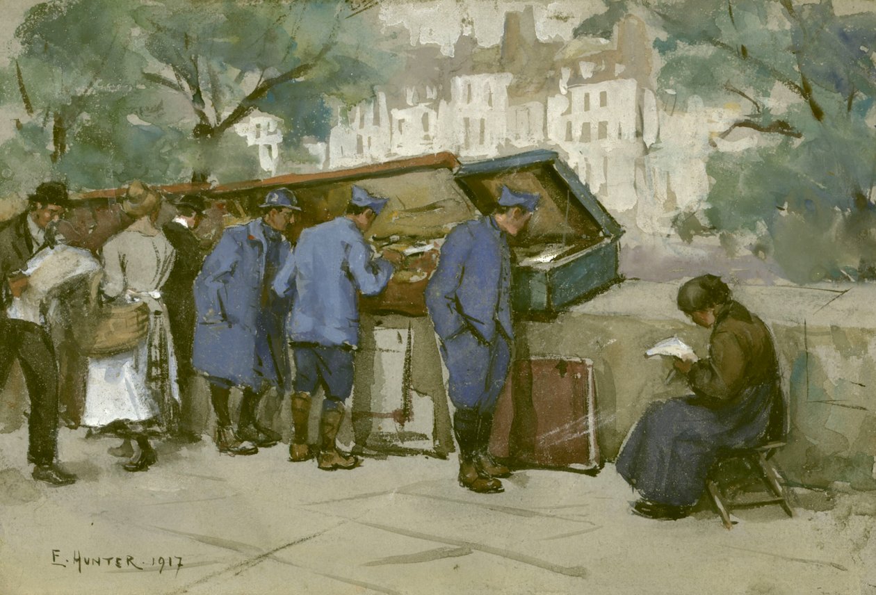 Ranskalaisia sotilaita ja bouquinisteja Seinen varrella, 1917 (wc vaaleanharmaalla paperilla) tekijältä Ethel Hunter