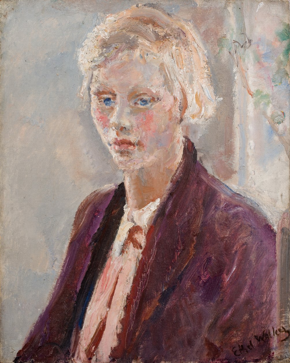 Vaalea tyttö violetissa takissa, n. 1935 (öljy kankaalle). tekijältä Ethel Walker