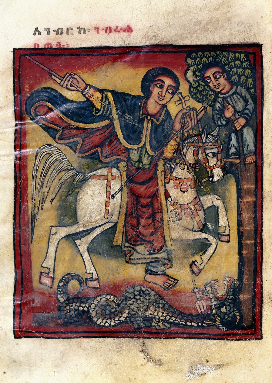 Folio 20v, St. George valkoisella hevosella Killing the Dragon, 1800 tekijältä Ethiopian School