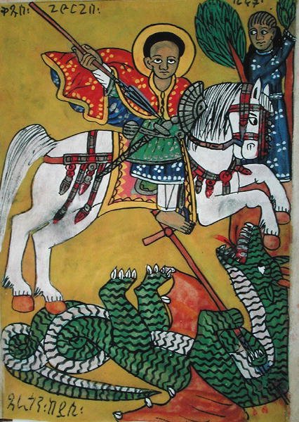 W.951 fol.78r St. George and the Dragon, teoksesta "Siunatun Neitsyt Marian ihmeet" (vellum) tekijältä Ethiopian School