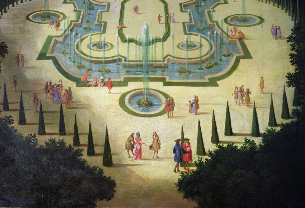 La Salle des Festins ou Salle du Conseil yksityiskohta lampista ja hahmoista etualalla, n. 1688 öljy kankaalle tekijältä Etienne Allegrain