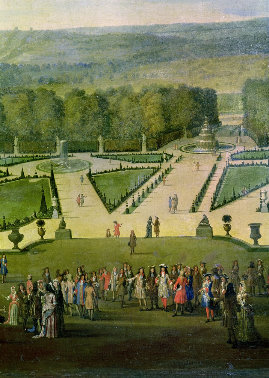 Ludvig XIV:n rantakatu Parterre du Nordin varrella, yksityiskohta Louisista ja hänen seurueistaan, n. 1688 tekijältä Etienne Allegrain