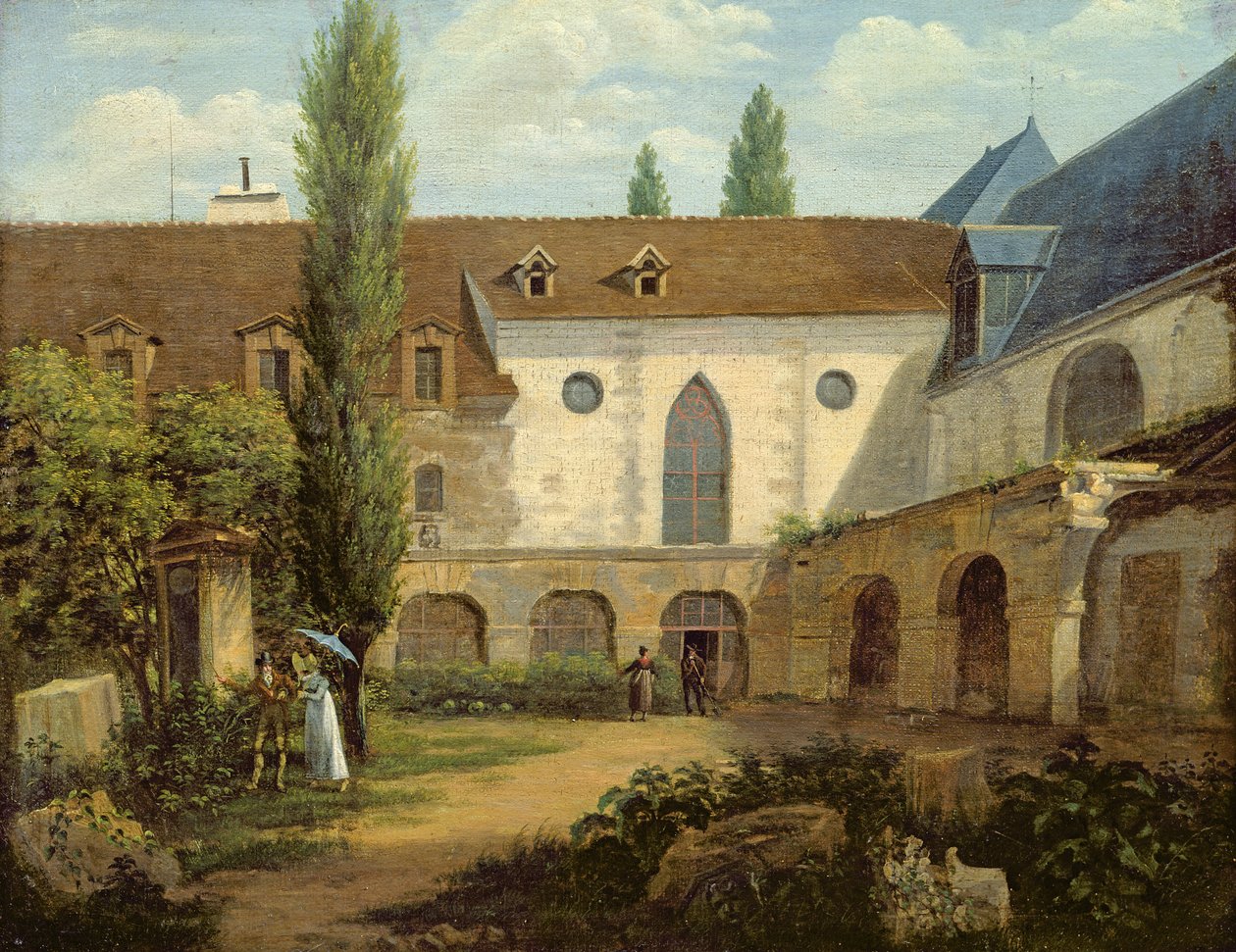 Petits-Augustinsin luostarin piha Pariisissa, n. 1818 tekijältä Etienne Bouhot