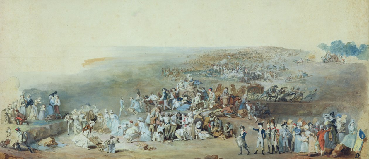 Pariisilaiset Champ de Marsilla valmistautumassa fete de la Federationiin, 14. heinäkuuta 1790 (kynä, muste ja guassi paperilla) tekijältä Etienne Charles Leguay