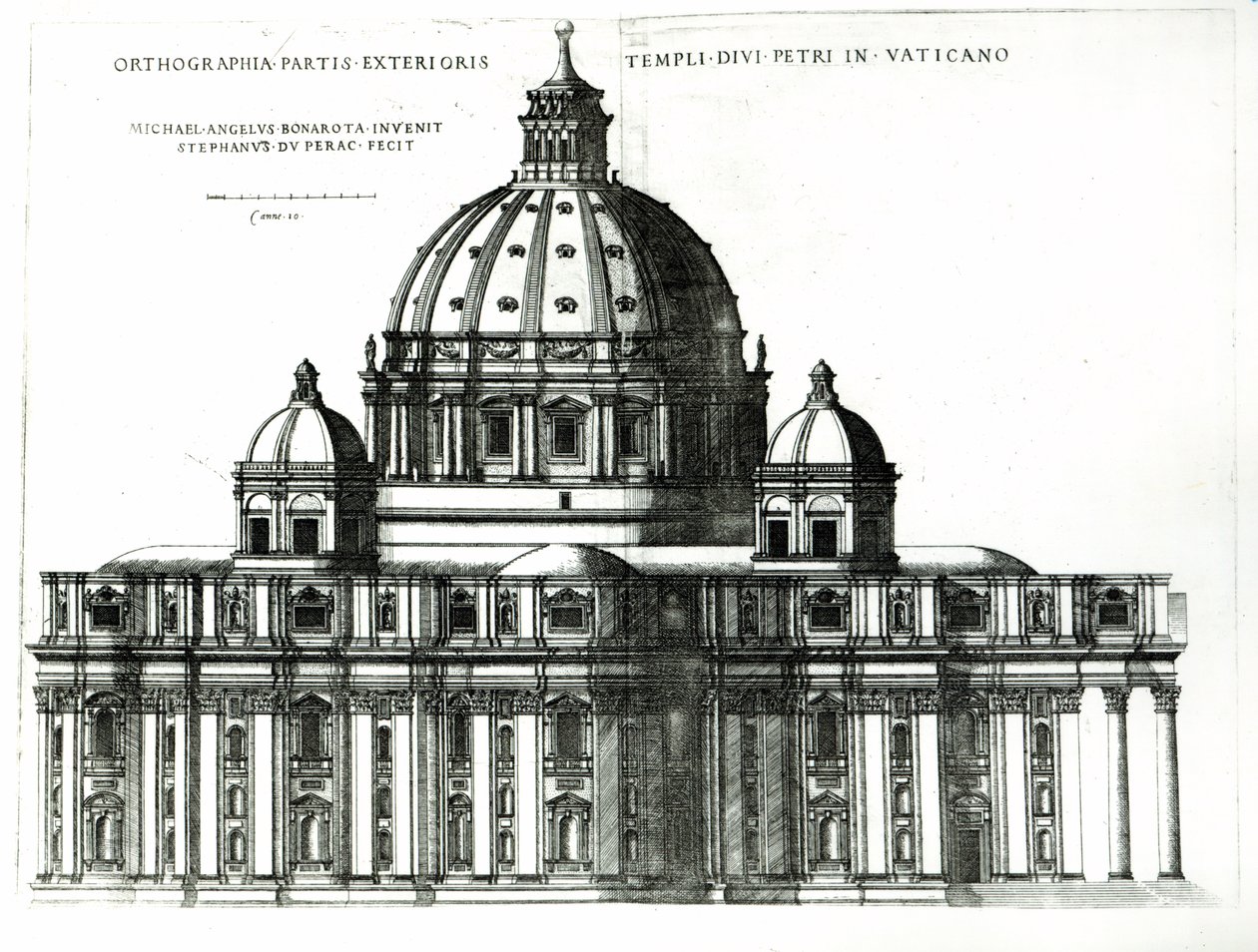 Ulkopuoli Pyhän Pietarin basilika Roomassa, teoksesta "Vatikaanin Pyhän Pietarin temppelin ulomman sisäpuolen ortografia", n. 1577 tekijältä Etienne Duperac