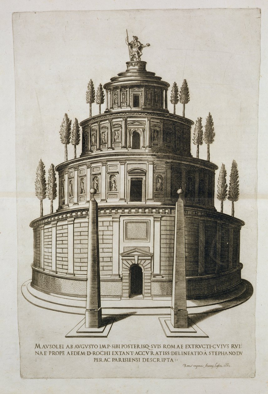 Augustuksen ja hänen perheensä mausoleumi Roomassa, kaiverrus Antoine Lafrery (1512-77) 1575 tekijältä Etienne Duperac