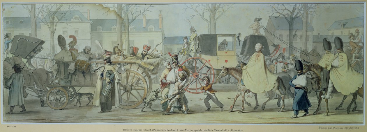 Haavoittuneet ranskalaiset sotilaat saapuvat Pariisiin Boulevard Saint-Martinilla Montmirailin taistelun jälkeen, 17. helmikuuta 1814 (kynä, muste ja wc paperilla) tekijältä Etienne Jean Delecluze