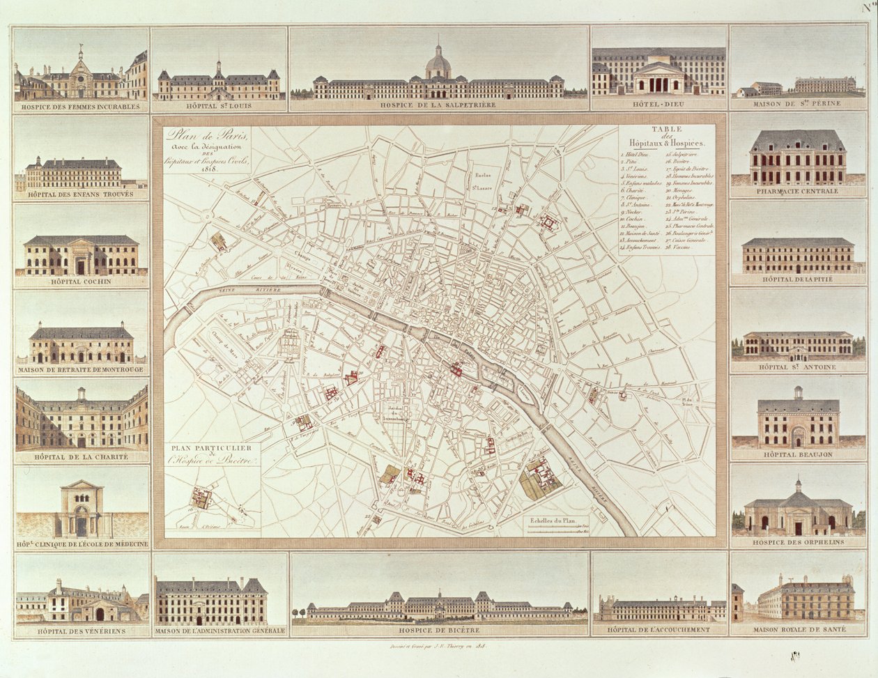 Pariisin suunnitelma, jossa esitetään siviilisairaalat ja kodit, 1818, julkaistu vuonna 1820 tekijältä Etienne Jules Thierry