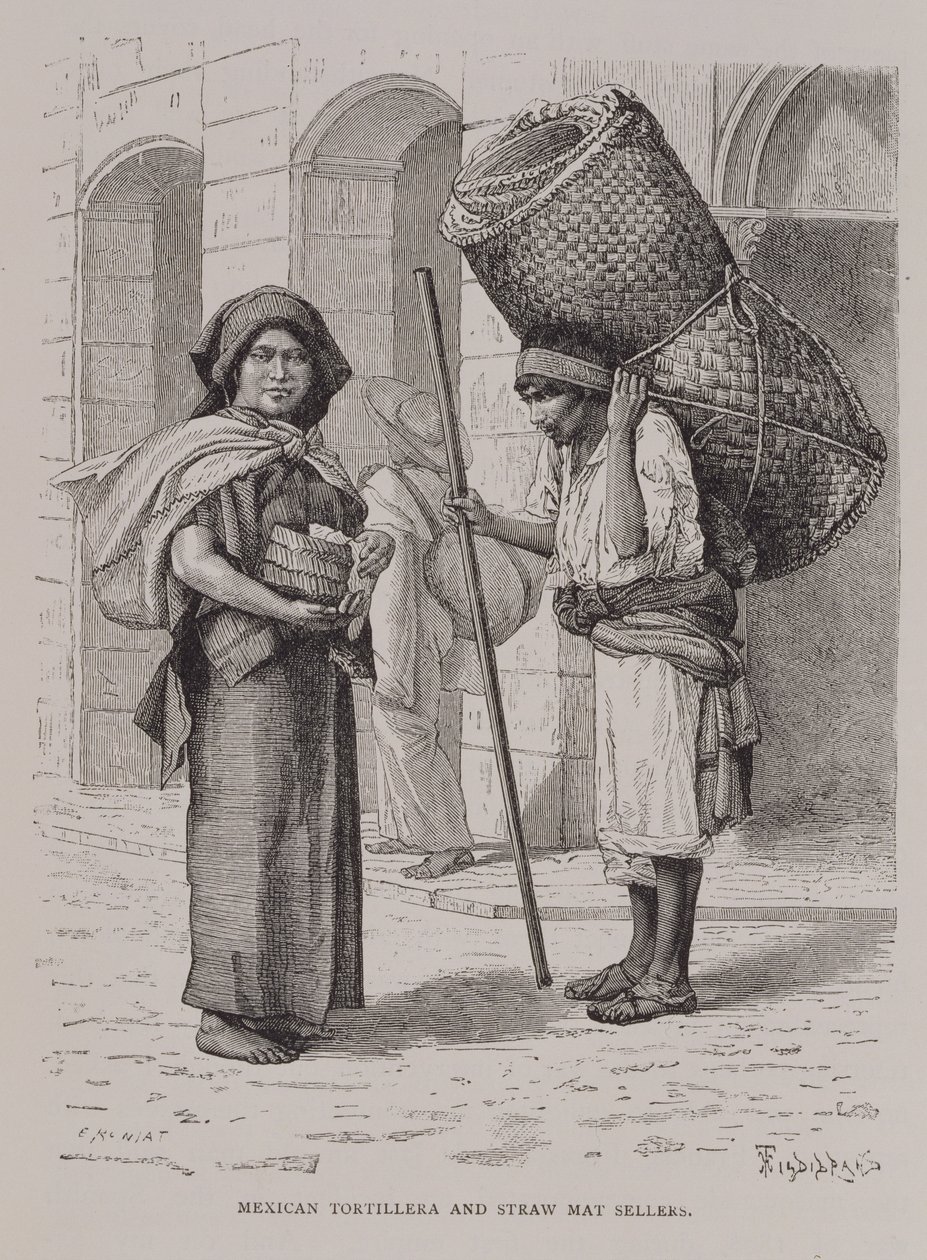Meksikolainen Tortillera ja olkimattojen myyjä, Claude-Joseph-Desire Charnayn julkaisusta "The Ancient Cities of the New World" (Uuden maailman muinaiset kaupungit). 1887 tekijältä Etienne Antoine Eugene Ronjat