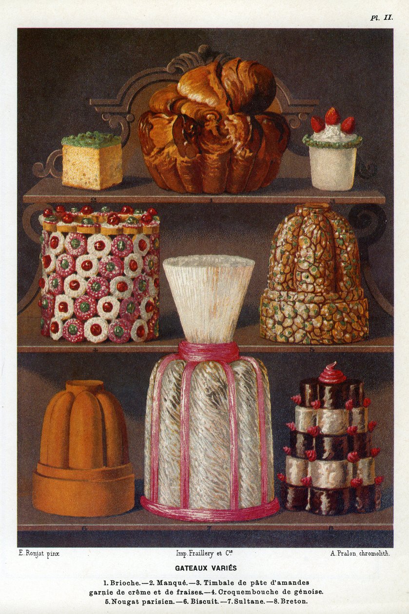 Kakut vaihtelevat: briossi, puukko, mantelitahnan timpanit kerman ja mansikoiden päällä, croquenbouche de genoise, pariisilainen nougat, keksi, sultani, breton - lautanen nro 2 leipomokirjasta Jules Gouffe, Office de bouche du Jockey-Club de Pariisi (luku tekijältä Etienne (after) Ronjat