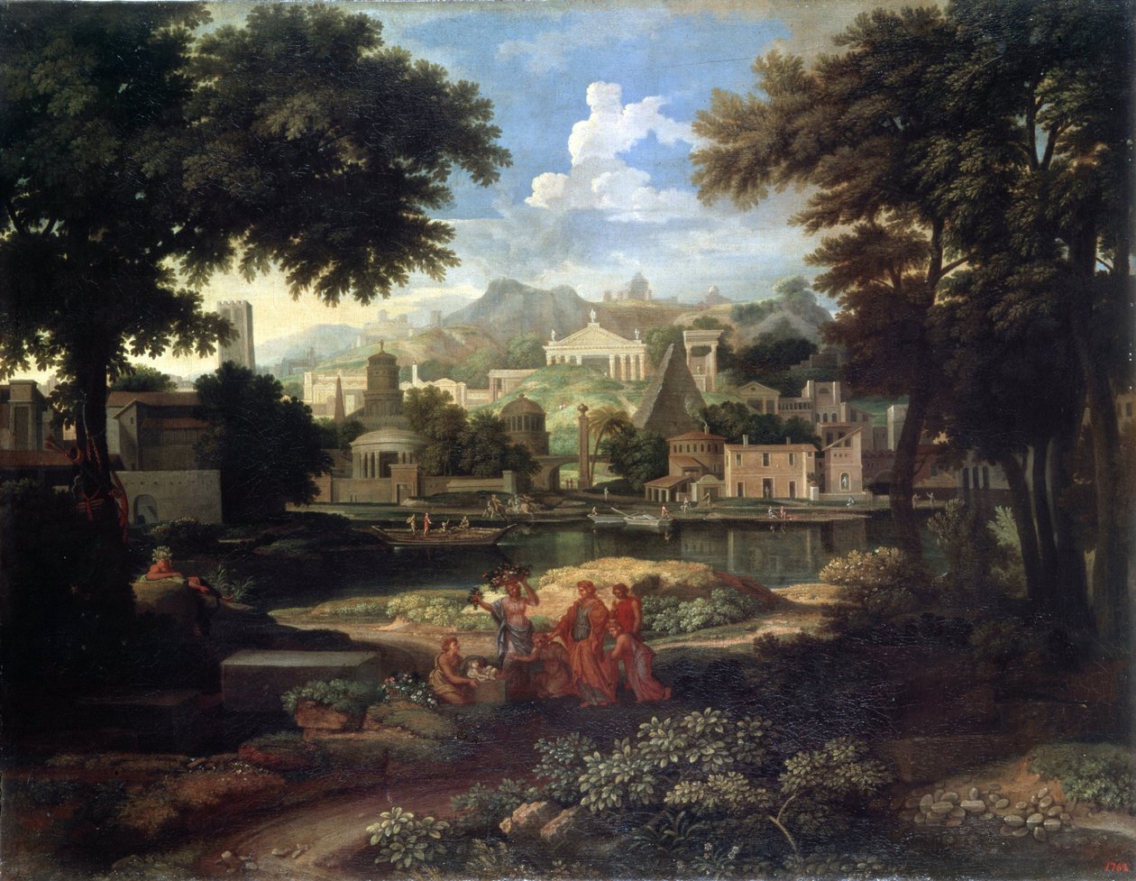 ""Maisema, jossa Mooses pelastettiin Niilin vesiltä"" (Maisema, jossa Mooses pelastettiin Niililtä) Etienne Allegrainin (1653-1736) maalaus Eremitaaši-museo, Pietari. tekijältä Etienne Allegrain
