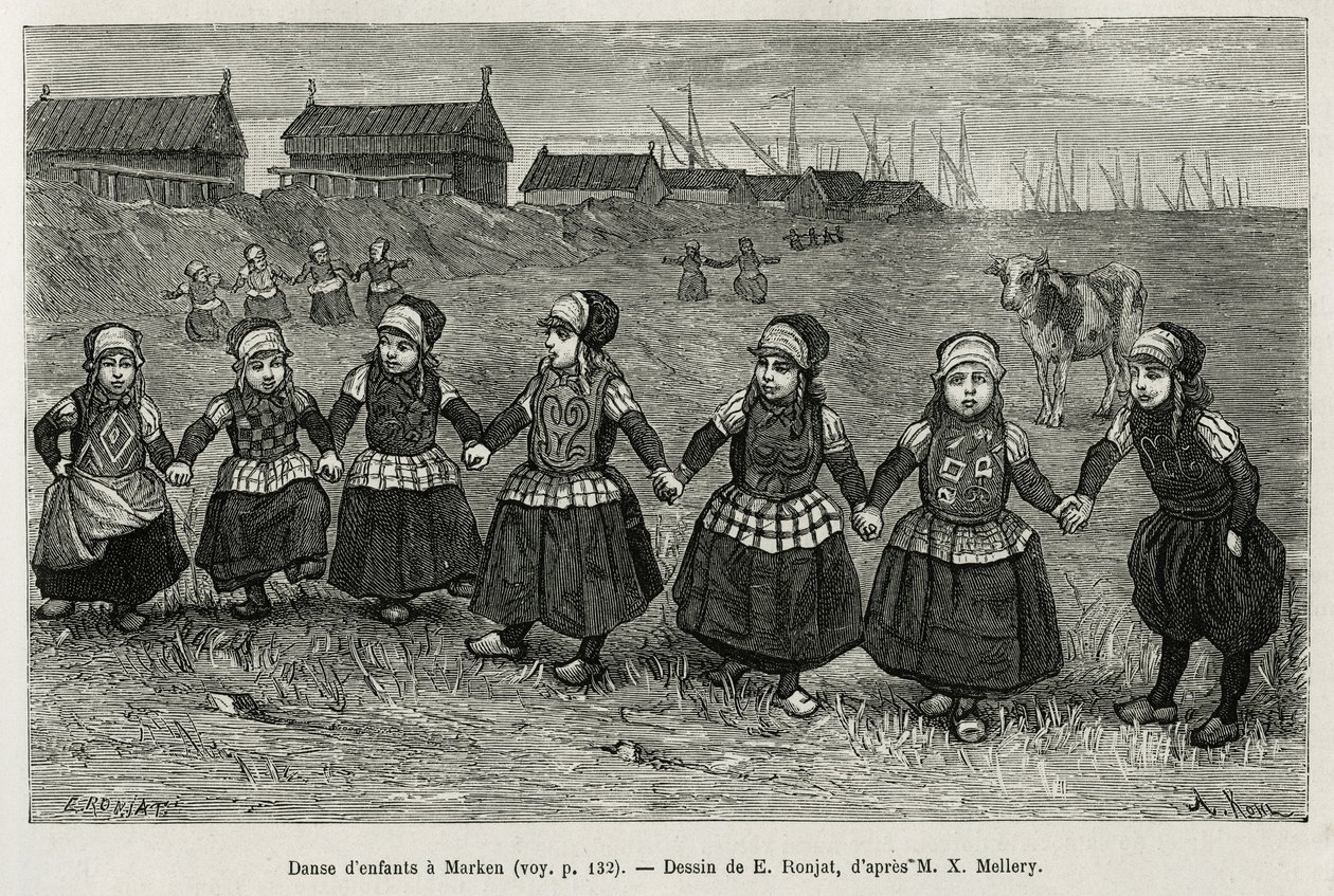 Lasten tansseja Markenissa (Alankomaat), kaiverrus E.Ronjatin piirustuksen mukaan havainnollistamaan Neerlanden tarinaa, Charles de Coster, vuonna 1878, julkaistu tour du monde -lehdessä Edouard Chartonin johdolla. tekijältä Etienne Antoine Eugene Ronjat