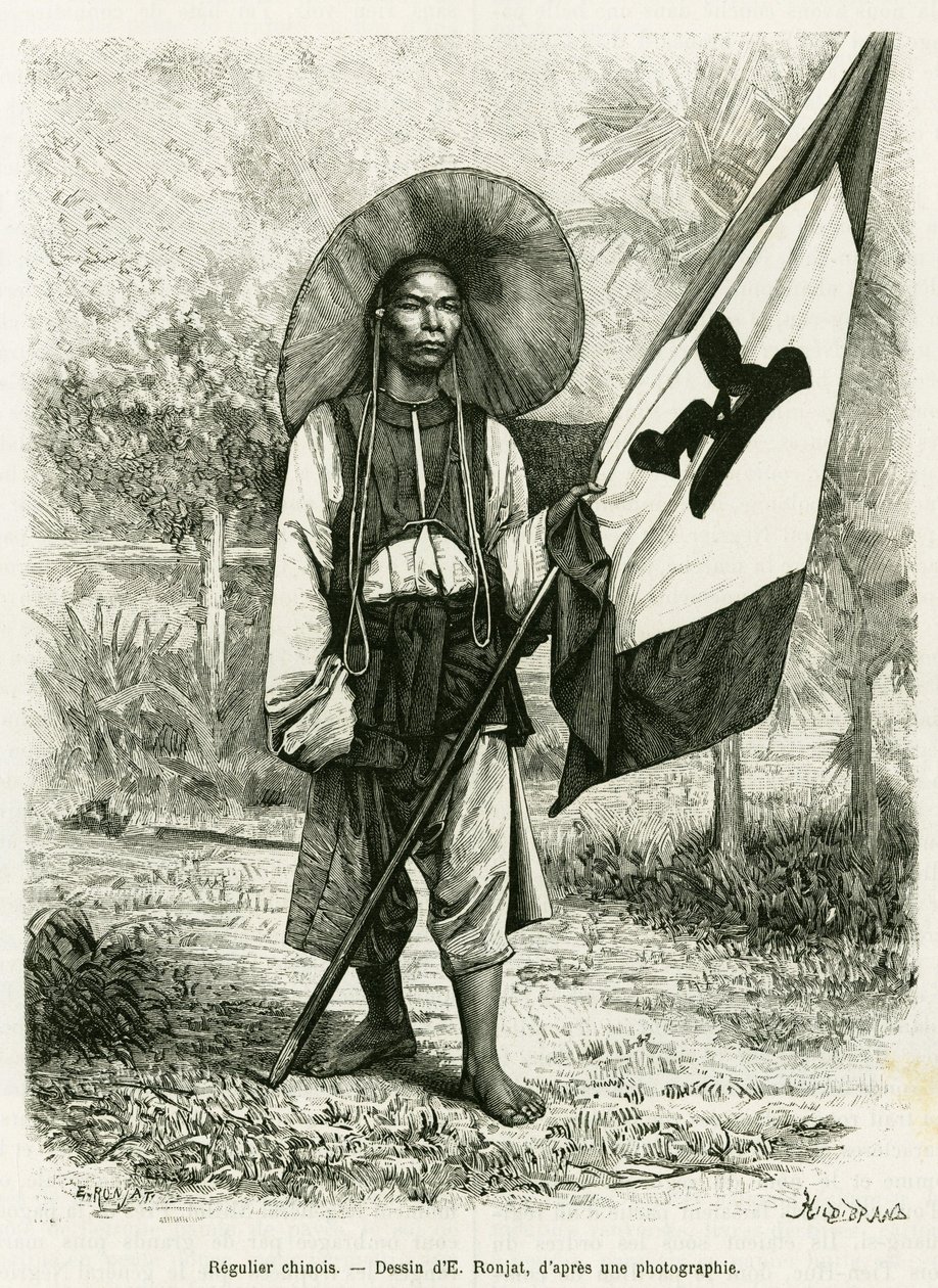 Kiinan sääntö. Kaiverrus E.Ronjat, valokuvan jälkeen, havainnollistamaan tarinaa Trente mois au Tonkin vuonna 1884, tohtori Hocquard, in le tour du monde 1889, ohjaaja Edouard Charton (1807-1890), Hachette, Pariisi. tekijältä Etienne Antoine Eugene Ronjat