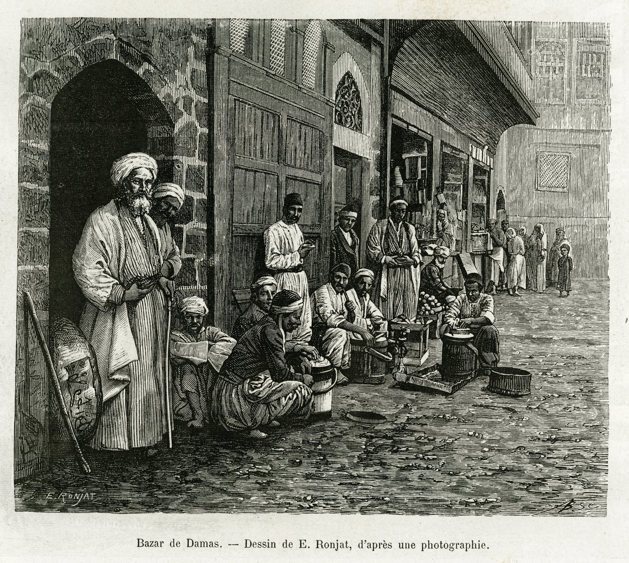 Damaskoksen basaari. Kaiverrus E.Ronjat, havainnollistamaan tarinaa La Syria d
