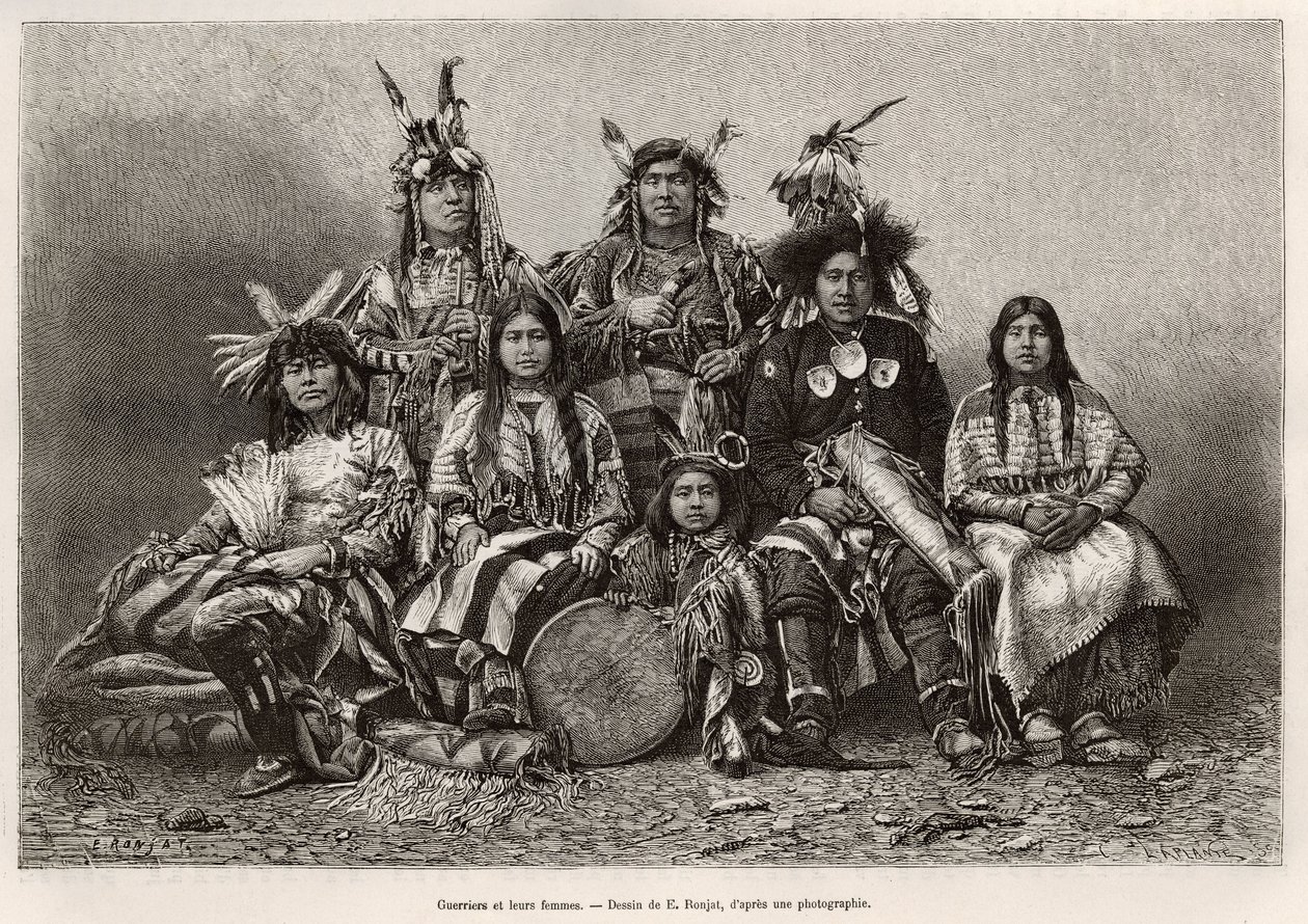 Intialaiset soturit ja heidän vaimonsa (Texas). Kaiverrus E.Ronjatin piirustuksen jälkeen havainnollistamaan William Hepworth Dixonin tarinaa La conquete blanche, vuonna 1875, julkaistu "" Le tour du monde""" 1876, toimittanut Edouard Charton, Hachette pai tekijältä Etienne Antoine Eugene Ronjat
