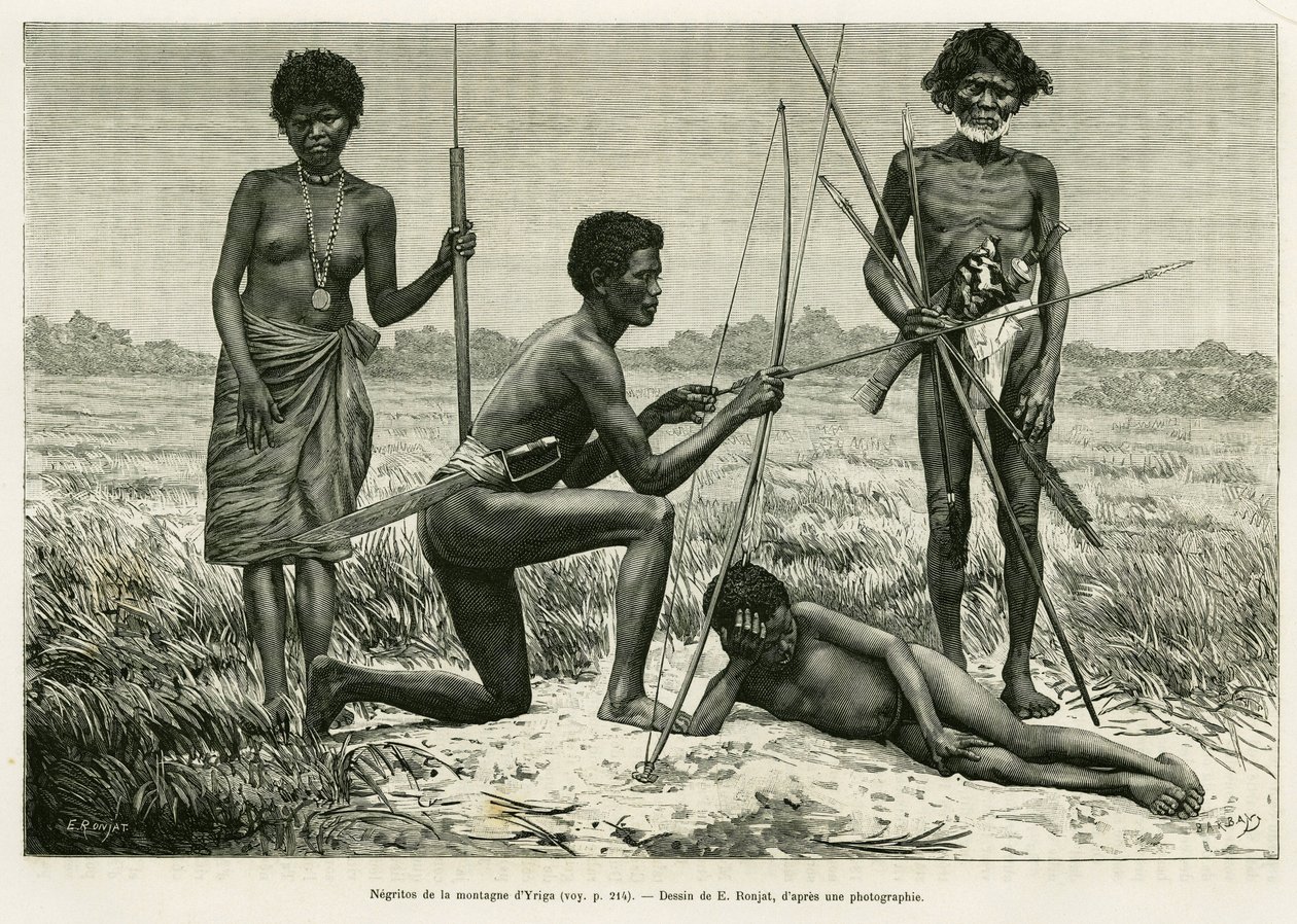 Yriga-vuoren Negritos. E.Ronjatin kaiverrus havainnollistamaan tarinaa Lucon ja Palaouan, kuusi vuotta Filippiineillä, Alfred Marche (1844-1898), in le tour du monde 1886, ohjaaja Edouard Charton (1807-1890), Hachette, Pariisi. tekijältä Etienne Antoine Eugene Ronjat