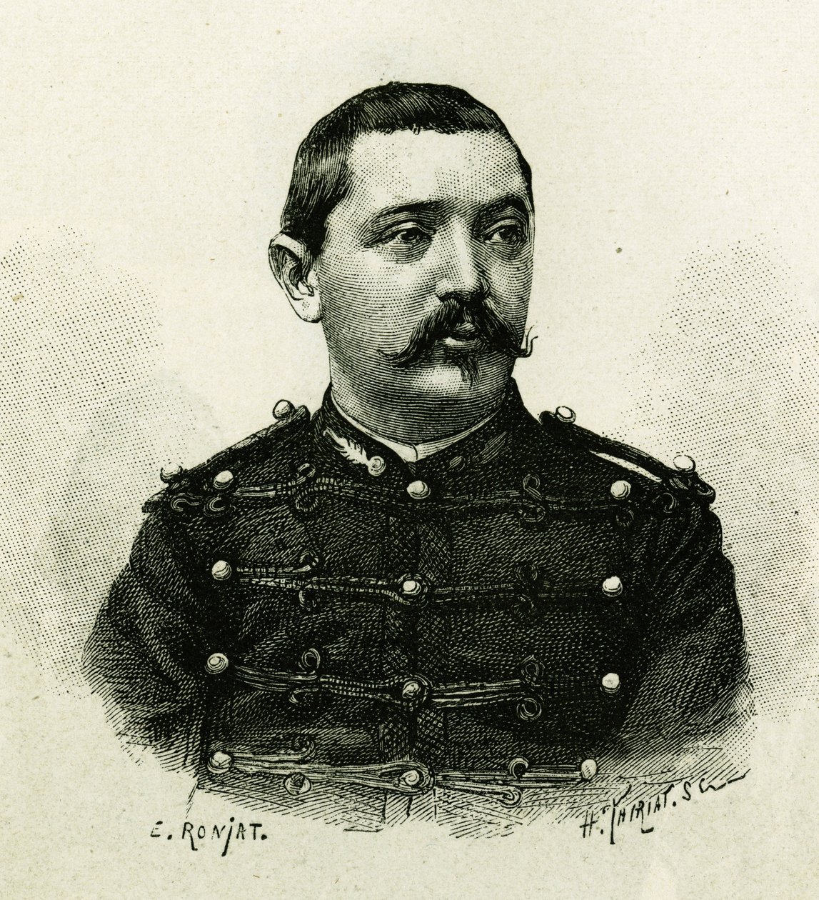 Muotokuva laivaston tykistöstä kapteeni Pietristä Afrikan retkikunnan aikana 1879-1882, Gallienin komennossa. E. Ronjatin kaiverrus valokuvasta havainnollistamaan tarinaa "Exploration du Haut Niger (Haut Niger)" (nykyinen Mali) tekijältä Etienne Antoine Eugene Ronjat