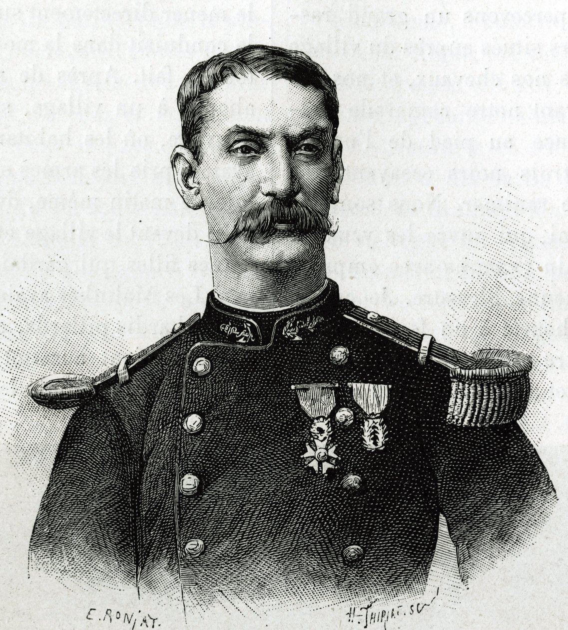 Muotokuva komentaja Joseph Gallienista Afrikan tutkimusmatkan aikana (1879-1882). E. Ronjatin kaiverrus valokuvan jälkeen havainnollistamaan th:n komentajan Joseph Gallienin (1849-1916) tarinaa "Exploration du Haut Niger (Haut Niger)" (nykyinen Mali). tekijältä Etienne Antoine Eugene Ronjat