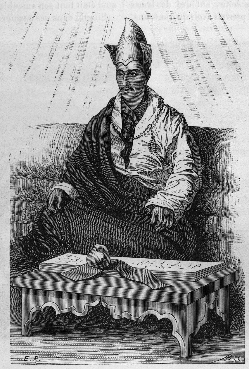 Tiibetin ylipapin "" Khutukcha" muotokuva vuosina 1870-1880. Kaiverrus Ronjatin piirustuksen jälkeen julkaisussa "" Le Tour du Monde, Nouveau Journal des Voyages", toimittanut Edouard Charton, Paris tekijältä Etienne Antoine Eugene Ronjat