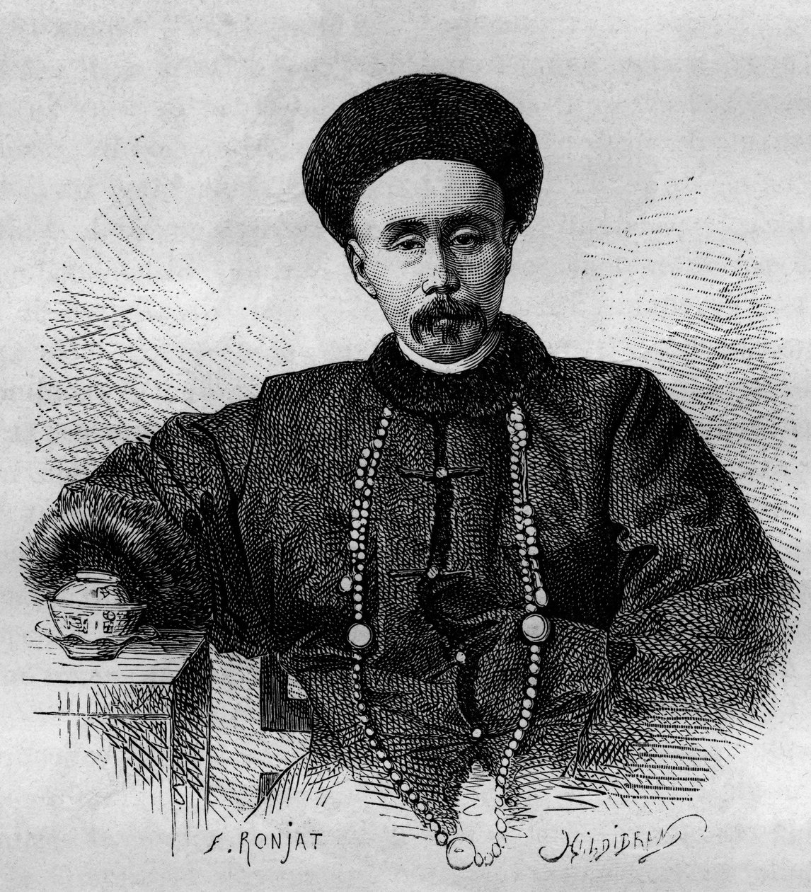 Muotokuva Li Hongzhangista (1832-1901), kiinalainen kenraali ja Zhilin varakuningas (varakuningas) 1871-1895 ja 1900-1901. Kaiverrus Ronjatin piirroksesta, Thomsonin valokuvasta "" Le Tour dussa Monde, Nouveau Journal des Voyages”, toimitettu tekijältä Etienne Antoine Eugene Ronjat